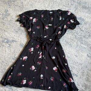 DKNY Black Dress Puff Sleeves with Floral Accents